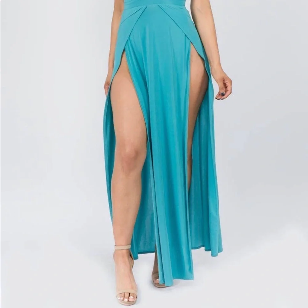 NEW TRENDY TEAL V NECK TANK TOP DOUBLE HIGH SLIT MAXI DRESS